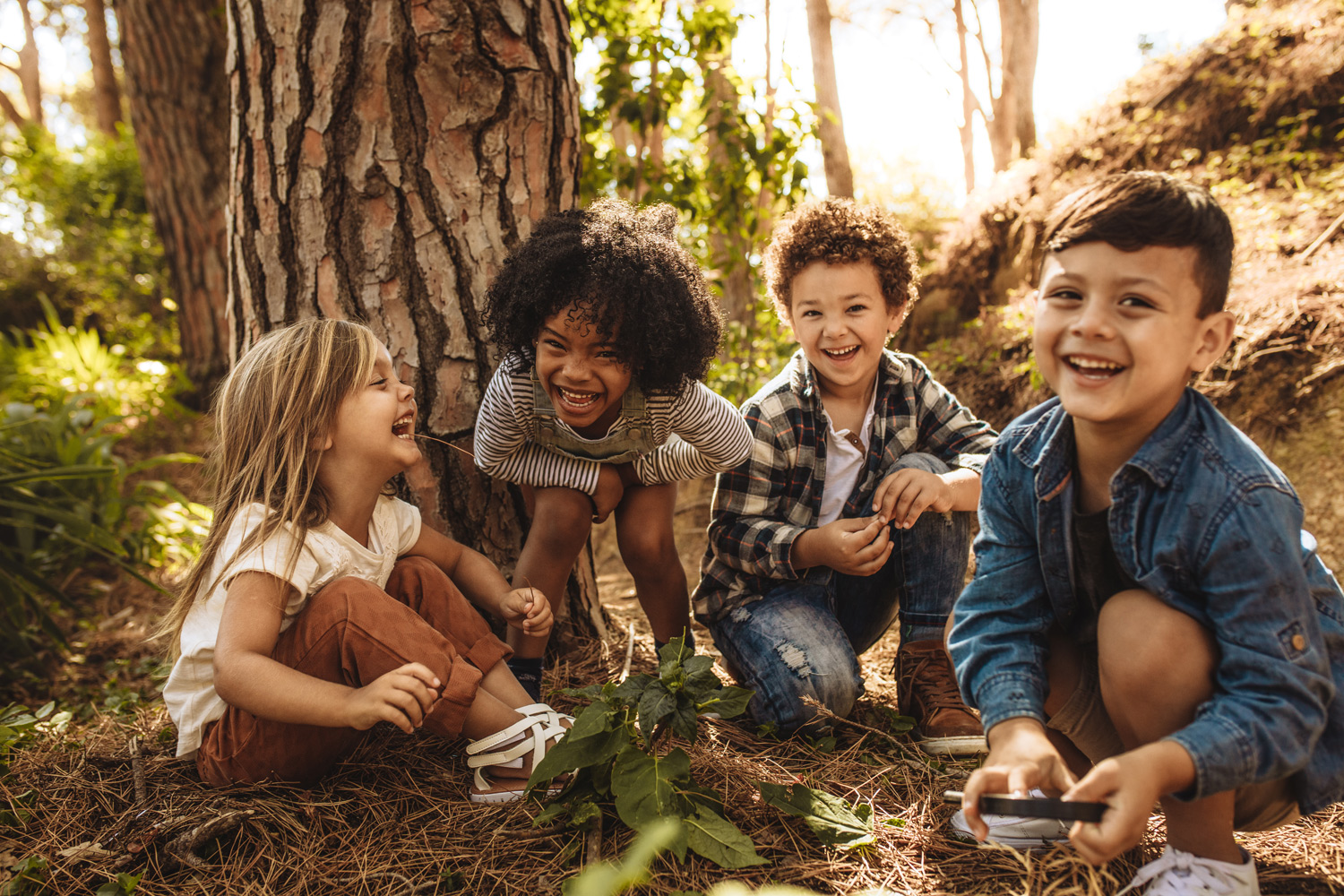 Skrattande grupp barn i fyra till fem års ålder i skogen.