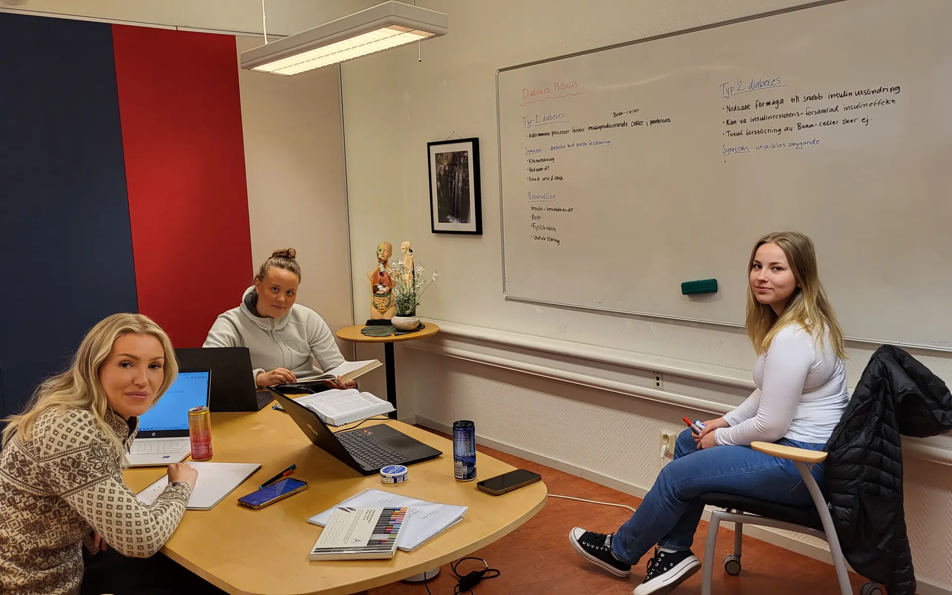 Tre unga kvinnor studerar tillsammans i ett grupprum på lärcentrum.